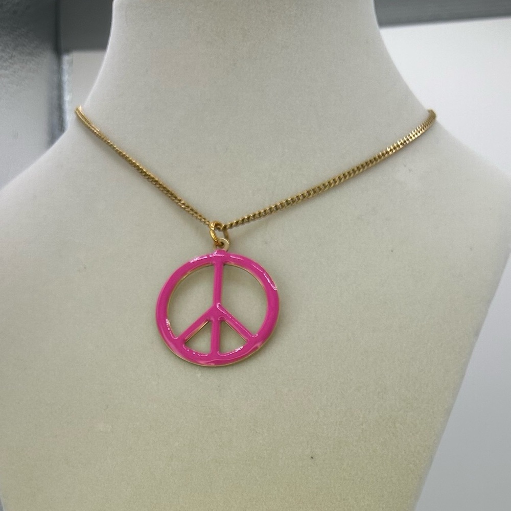 TOVA necklace Gold Chain Necklace with Pink Enamel Peace Sign Pendant in bag